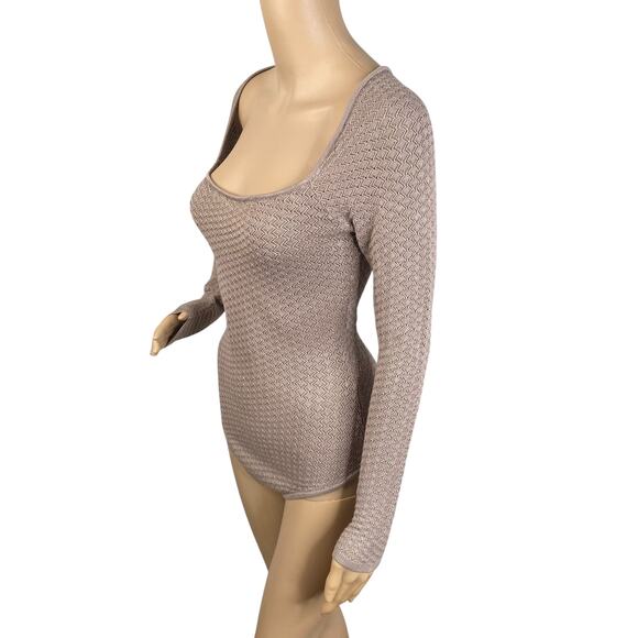 Abercrombie & Fitch Taupe Brown Pointelle Knit Square Neck Bodysuit Top SZ S - Picture 7 of 11